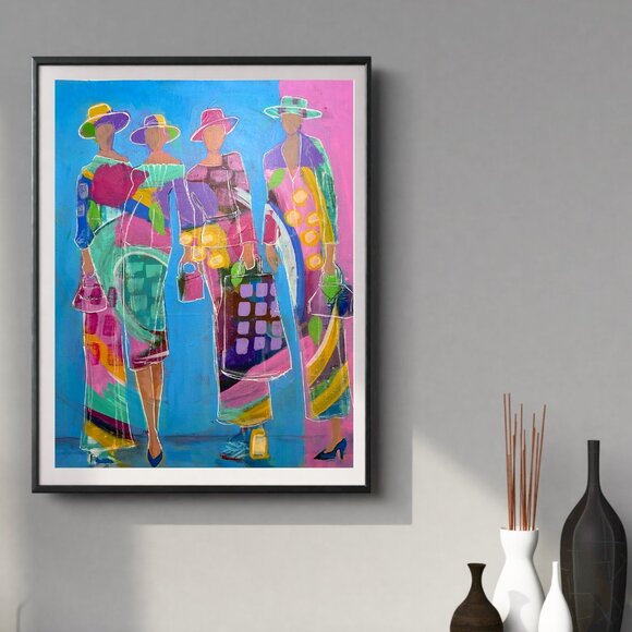 Colorful Original Acrylic Painting Ladies Strike A Pose on Canvas Sheet Wall Art - Picture 5 of 8